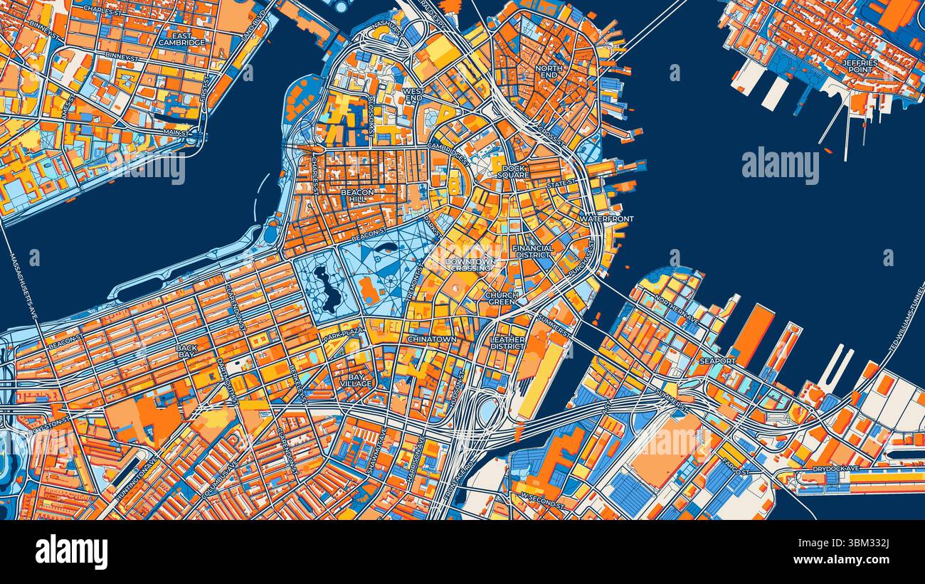 Mappa artistica colorata di Boston con etichette ed edifici con molti dettagli per strade urbane, sentieri e strade. Foto Stock