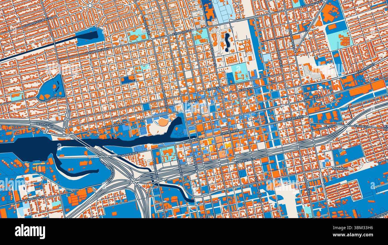 Mappa artistica colorata di Stockton con etichette ed edifici con molti dettagli per strade, sentieri e strade urbane. Foto Stock