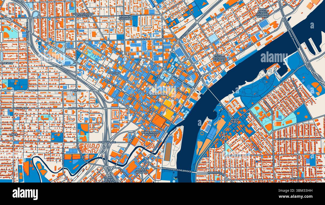 Mappa artistica colorata di Toledo con etichette ed edifici con molti dettagli per strade urbane, sentieri e percorsi. Foto Stock