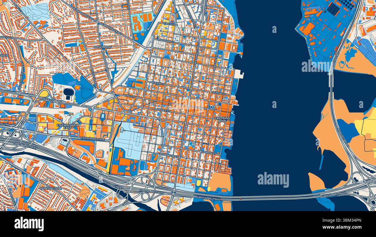 Mappa artistica colorata di Alexandria con etichette ed edifici con molti dettagli per strade, sentieri e strade urbane. Foto Stock