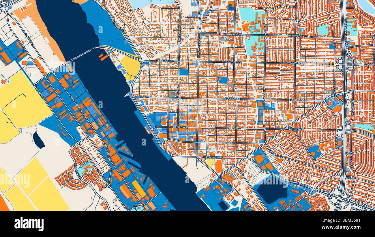 Mappa artistica colorata di Vallejo con etichette ed edifici con molti dettagli per strade urbane, sentieri e strade. Foto Stock