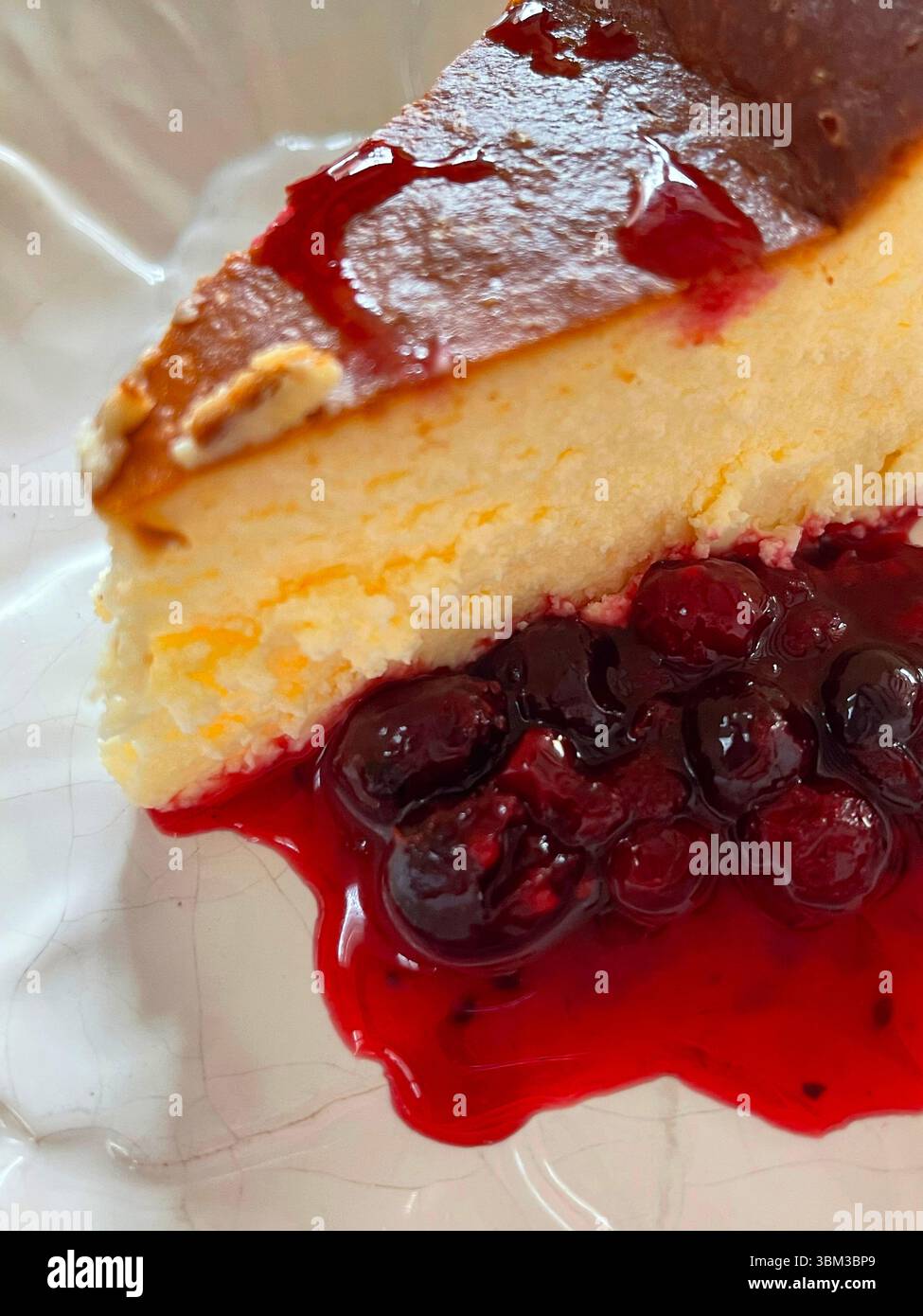 Torta al formaggio con marmellata di mirtilli, vista ravvicinata. Spagna. Foto Stock