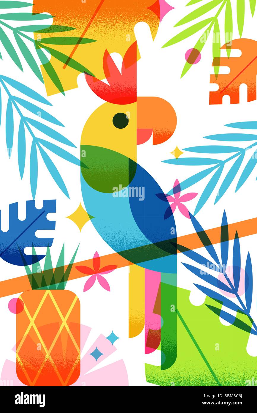 Illustrazione geometrica vettoriale colorata di spiaggia estiva, cacatua pappagallo, ananas, foglie di palma tropicale. Elementi di design alla moda per graphi Illustrazione Vettoriale