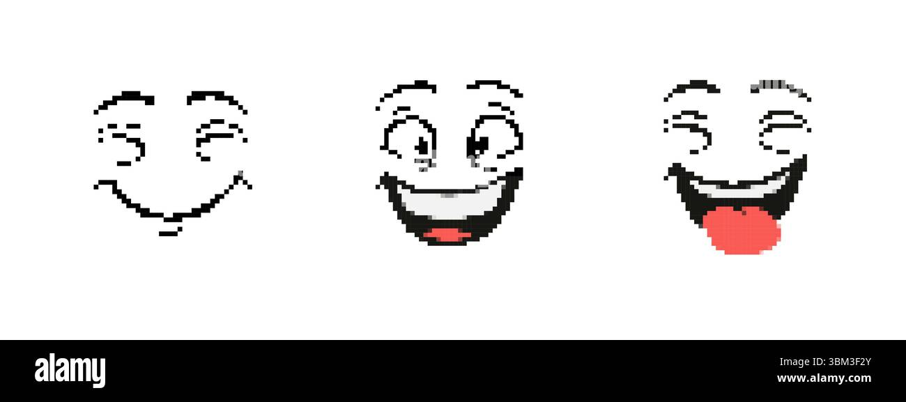 Volti di pixel art a mosaico che mostrano sorrisi espressivi e risate con la lingua giocosa che si avvicina Illustrazione Vettoriale