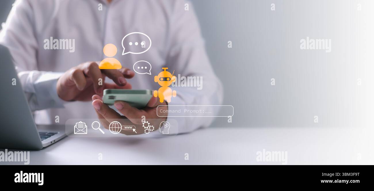 Un professionista aziendale che utilizza uno smartphone con icone ai chatbot e interfaccia di messaggistica, illustrando la comunicazione digitale e il servizio di assistente virtuale Foto Stock