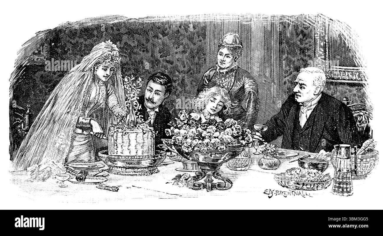 Tradizioni di nozze vittoriane, torta da sposa tagliata, illustrazione incisa sulla linea, di e J Brewtwall del 1892 The Quiver Magazine Foto Stock