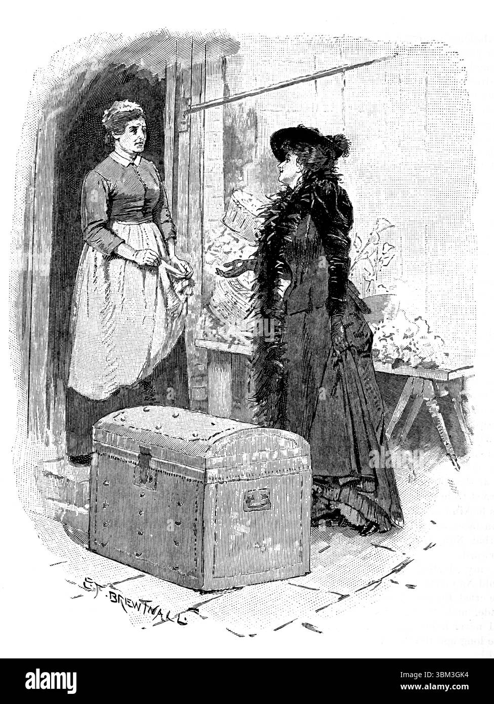 Ospite della casa vittoriana che arriva alla porta d'ingresso con grande bagagliaio, illustrazione incisa in linea, di e J Brewtwall del 1892 The Quiver Magazine Foto Stock