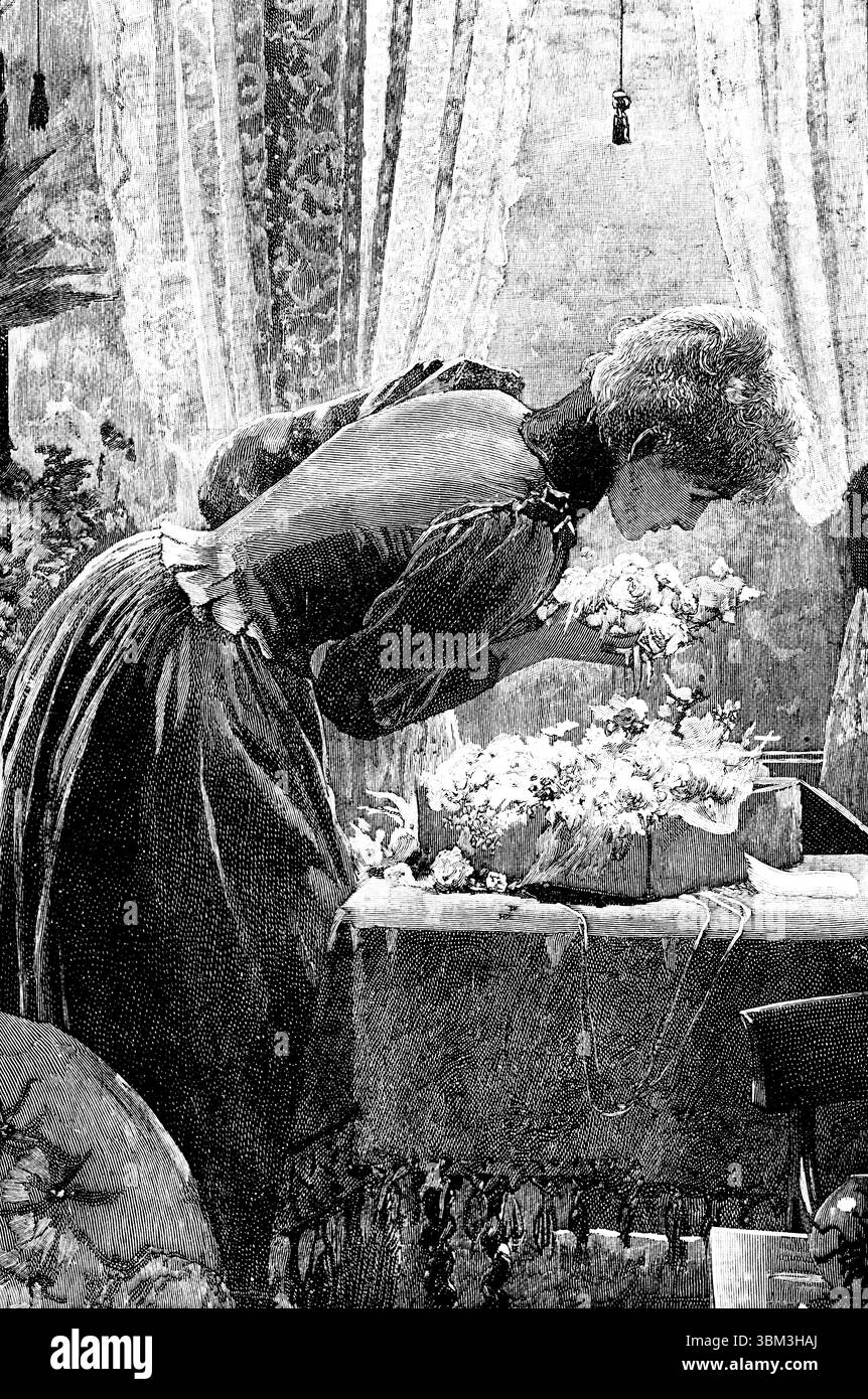 Scatola di smistamento di fiori freschi estivi con una donna vittoriana in casa, illustrazione a linee incise del 1892 The Quiver Magazine Foto Stock