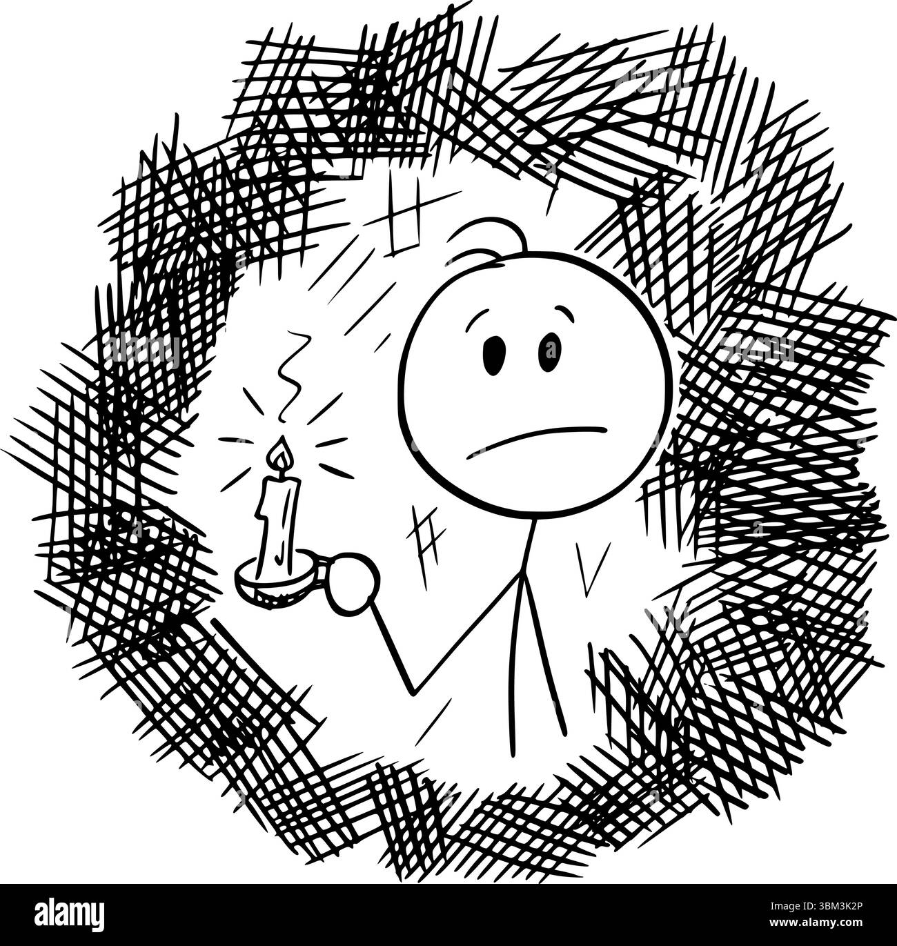 Persona che tiene in mano una candela circondata da un'oscurità spettrale, una figura vettoriale a bastone o un'illustrazione del personaggio. Illustrazione Vettoriale