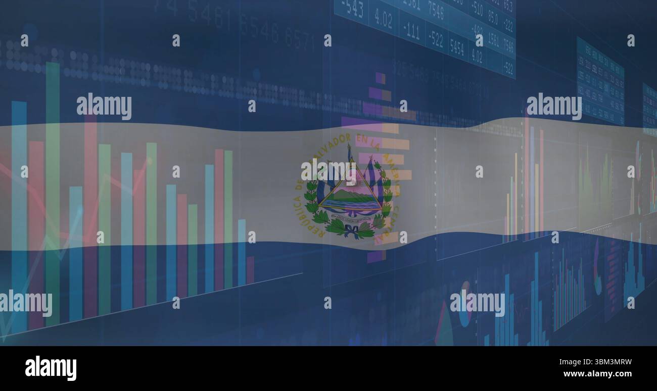 Mostra la sovrapposizione della bandiera di El Salvador in movimento nella griglia blu, con grafici e pannelli finanziari dello stemma Foto Stock