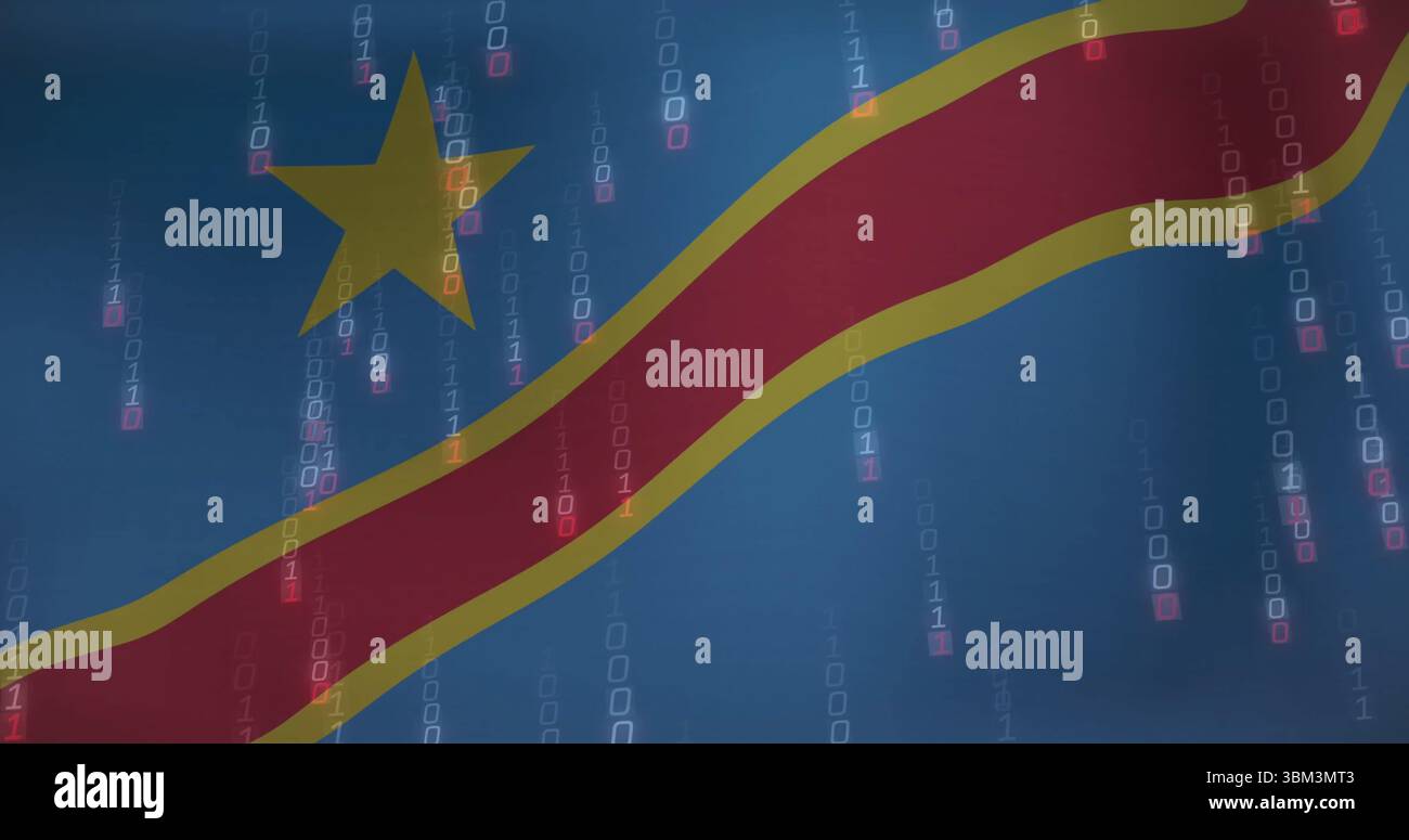 Visualizzazione della bandiera della Repubblica Democratica del Congo in un design digitale astratto, con cascate binarie Foto Stock