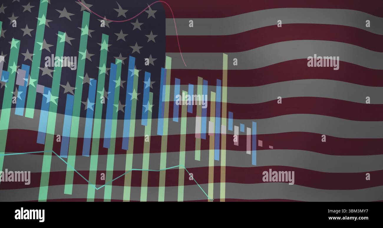 Visualizzazione finanziaria sulla bandiera US, con barre a candela, tracce di linee e linee della griglia Foto Stock