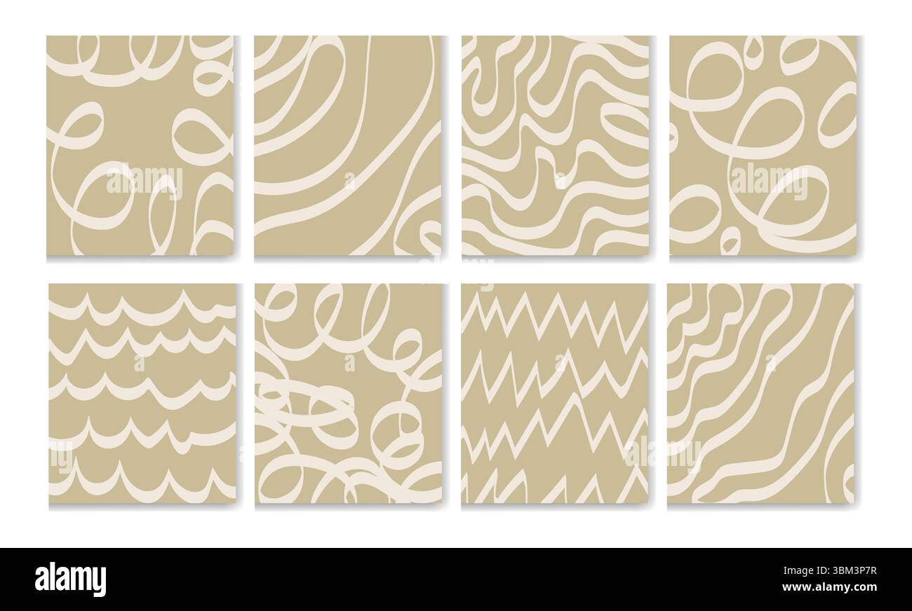 Energica arte di linea astratta in tonalità neutre beige e crema. Le spirali, le zigzag e le onde donano movimento e stile moderno a un arredamento minimalista. Illustrazione Vettoriale