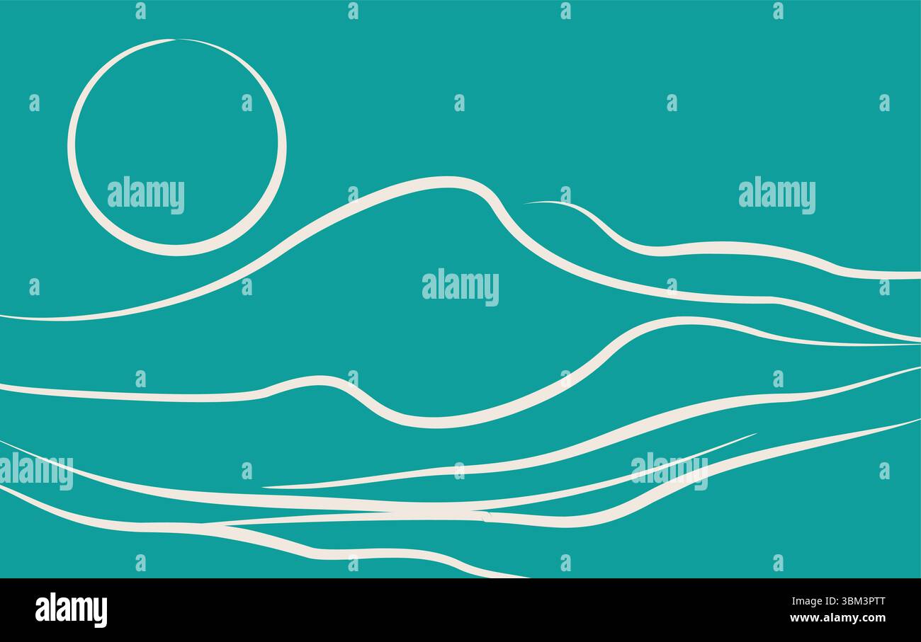 Vettore sfondo disegnato a mano da Mountain Sun. Arte paesaggistica minimalista con design Art Line Illustrazione Vettoriale