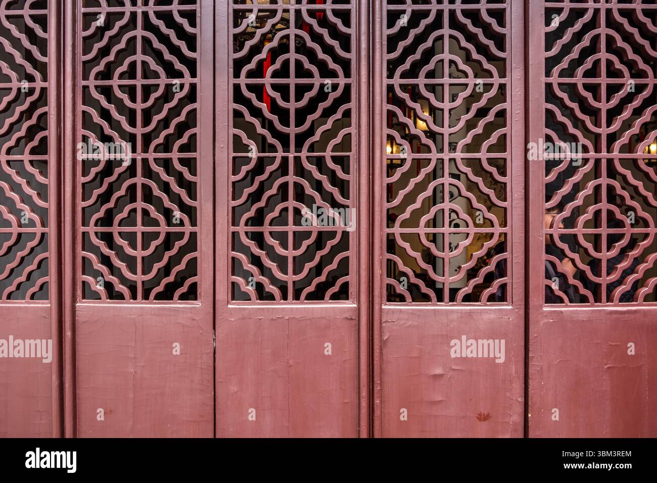 Tradizionale porta cinese rossa marrone con reticolo. Edificio storico classico o architettura dei templi Foto Stock