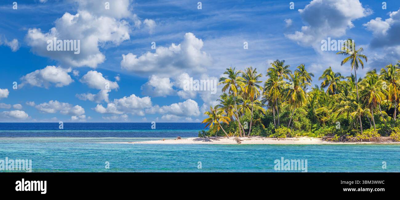 Maestoso paesaggio tropicale dell'isola, spiaggia pittoresca, palme, cielo azzurro soleggiato, idilliache vacanze estive, destinazione turistica esotica, costa panoramica Foto Stock