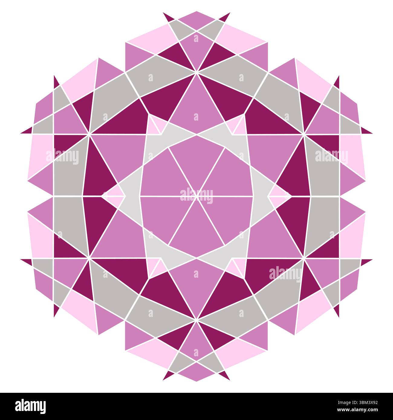 Tessere complesse a mosaico esagonale. Illustrazione vettoriale del fiocco di neve poligonale ornata in grigio rosa. Mandala circolare geometrica su sfondo bianco. Verricello isolato Illustrazione Vettoriale