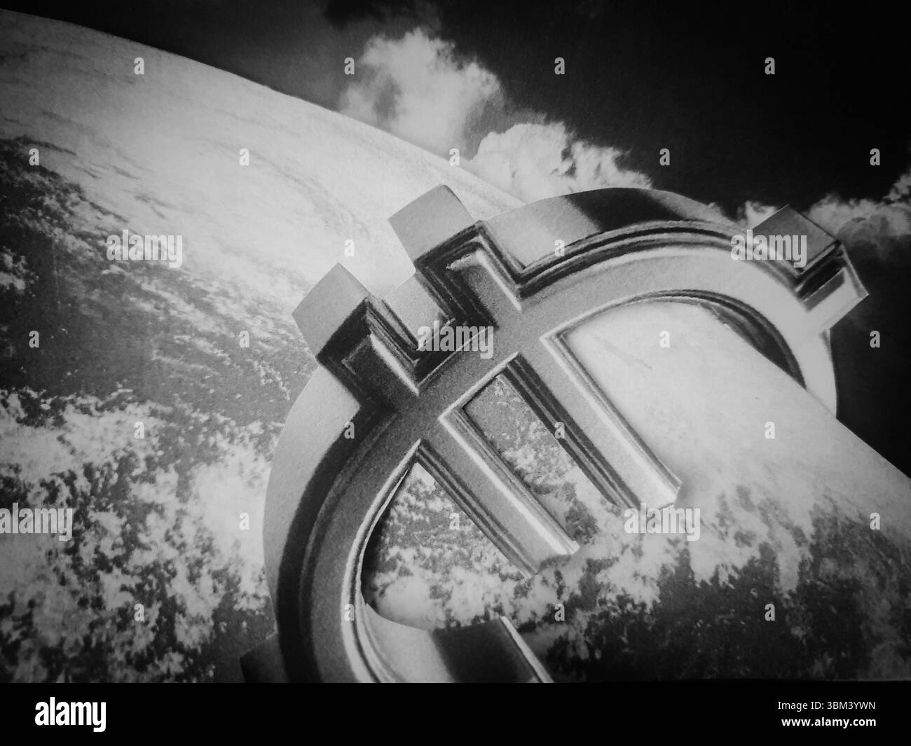 Collage concettuale di un segno euro sovradimensionato che circonda il pianeta Terra Foto Stock