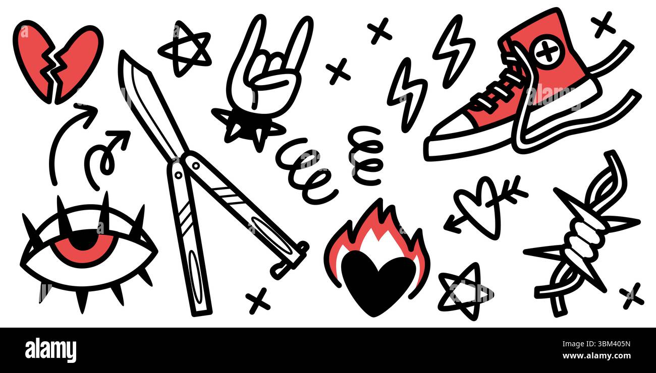 Icone e simboli del punk rock: Cuore spezzato e coltello, fulmini e sneaker, occhi e fiamme. Grafica ribelle disegnata a mano per tatuaggi, merch band alternativo. Elementi di Street art non elaborati. Illustrazione Vettoriale