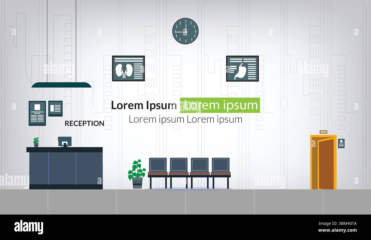 Design della sala ricevimento con banco ricevimento e sedie Illustrazione Vettoriale