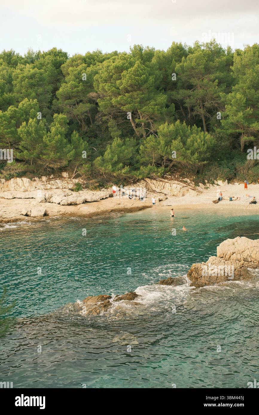 Baia idilliaca con persone che si godono una nuotata nelle acque turchesi, circondata da una costa rocciosa e da una fitta pineta. Tranquillo paesaggio mediterraneo. Foto Stock
