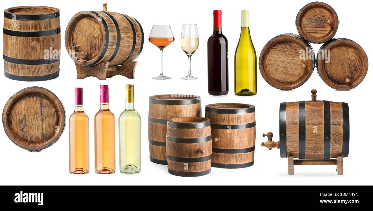 Diversi tipi di vino, set. Bottiglie, bicchieri e fusti isolati su bianco Foto Stock