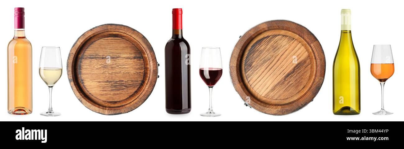 Diversi tipi di vino, set. Bottiglie, bicchieri e fusti isolati su bianco Foto Stock