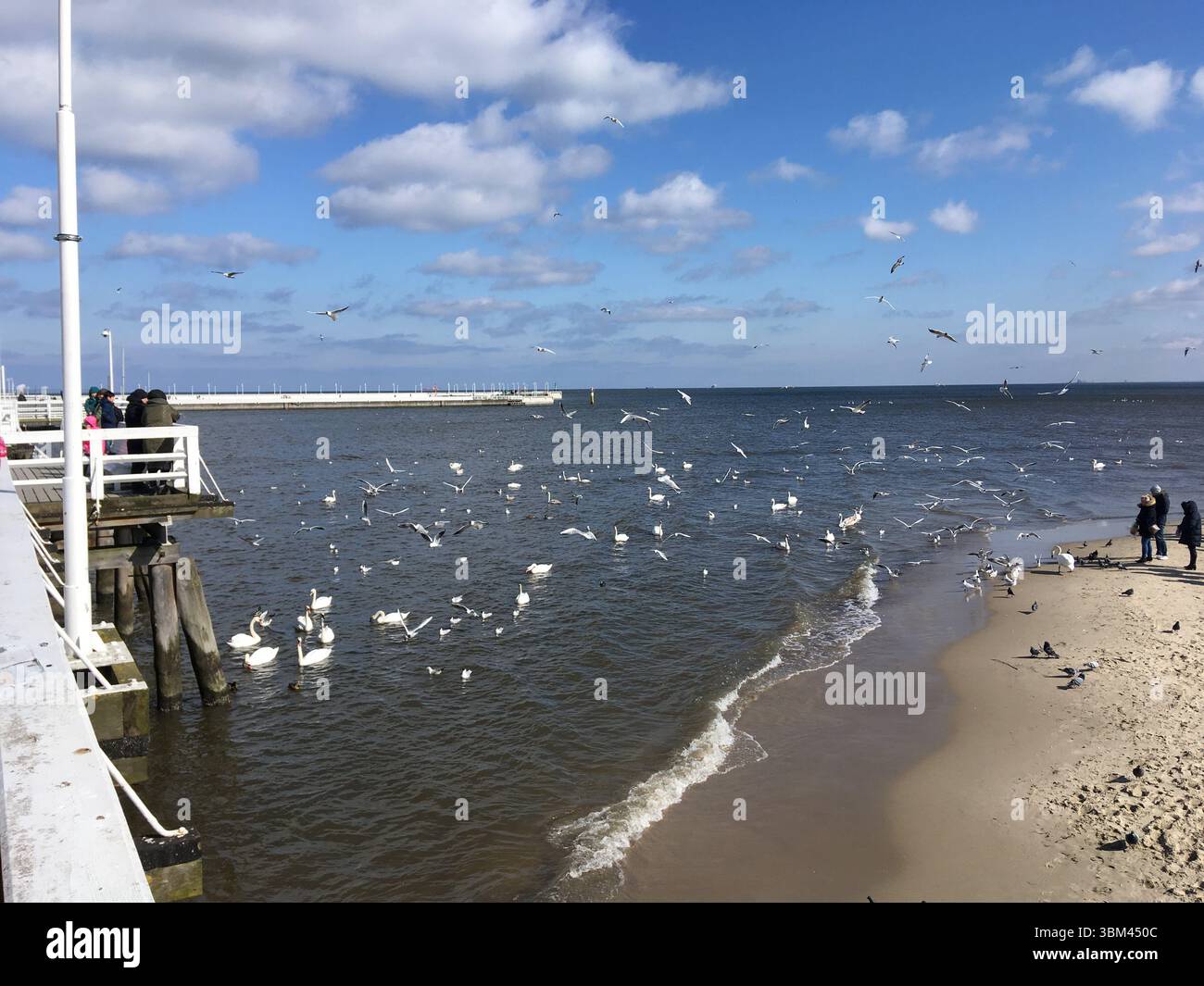 Il centro di Sopot e la spiaggia catturati all'apice dell'estate: Via pedonale Monte Cassino, caffetterie colorate, il molo in legno più lungo d'Europa e vivace Foto Stock