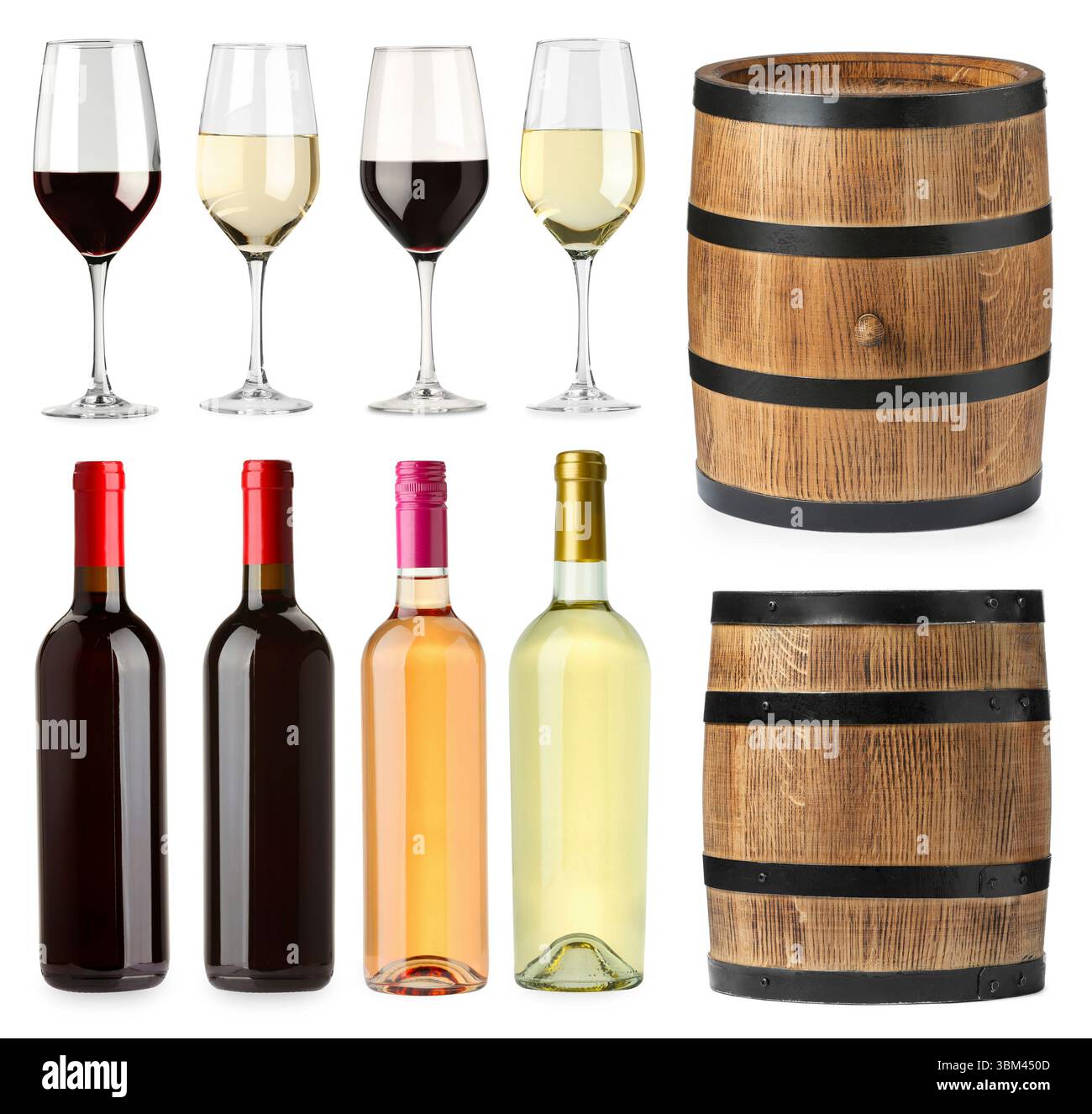 Diversi tipi di vino, set. Bottiglie, bicchieri e fusti isolati su bianco Foto Stock