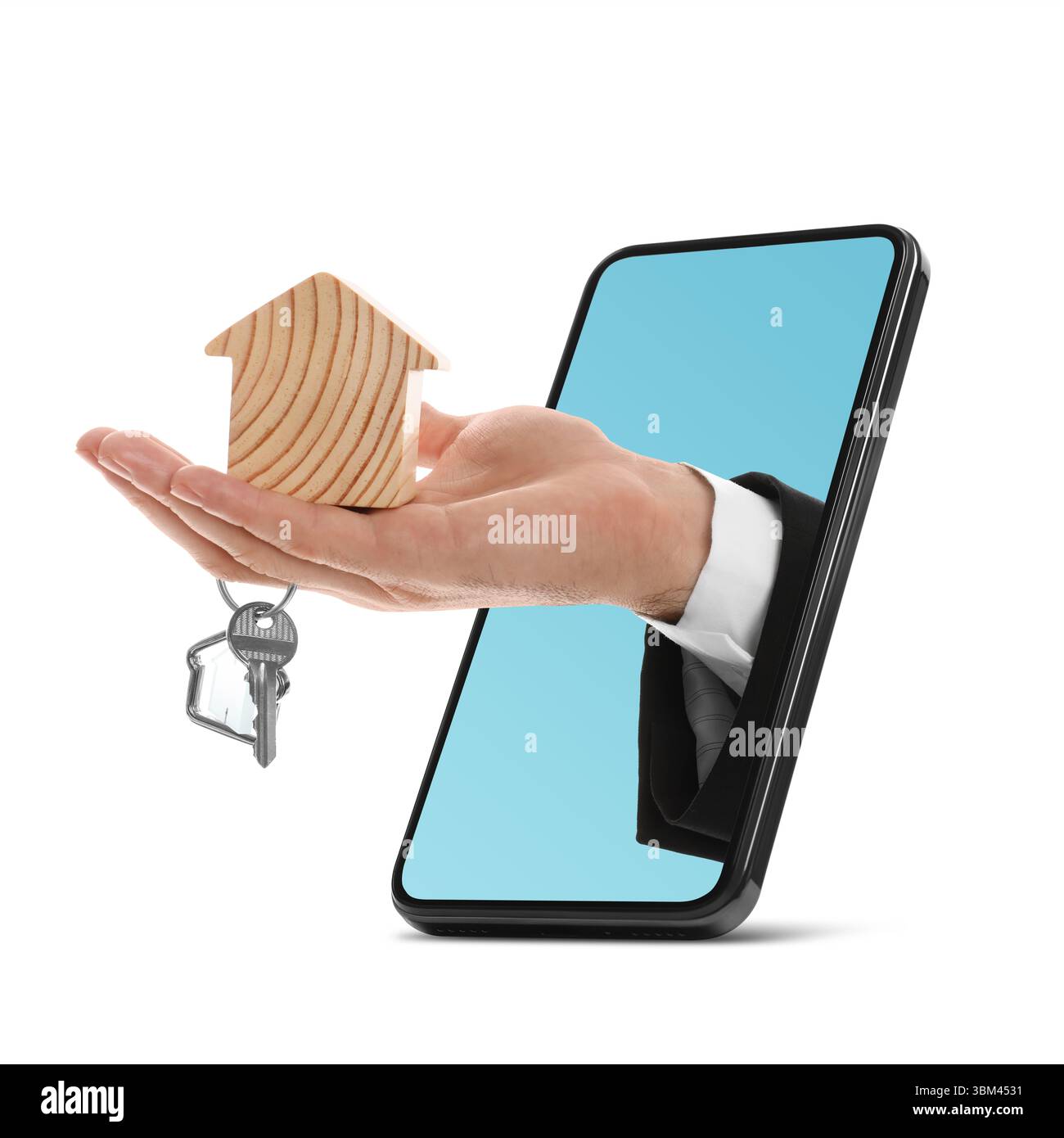 Mano dell'uomo con figura e chiave che escono dallo smartphone su sfondo bianco. Servizi immobiliari online Foto Stock