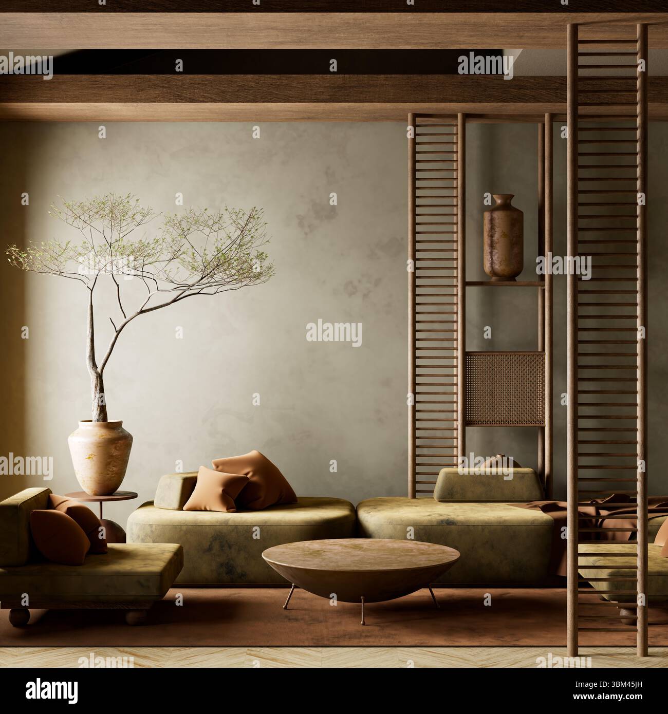 Uno spazio abitativo sereno e minimalista con toni terrosi, illuminazione soffusa e decor di ispirazione Giapponese caratterizzato da tessuti naturali, mobili bassi ed eleganti Foto Stock