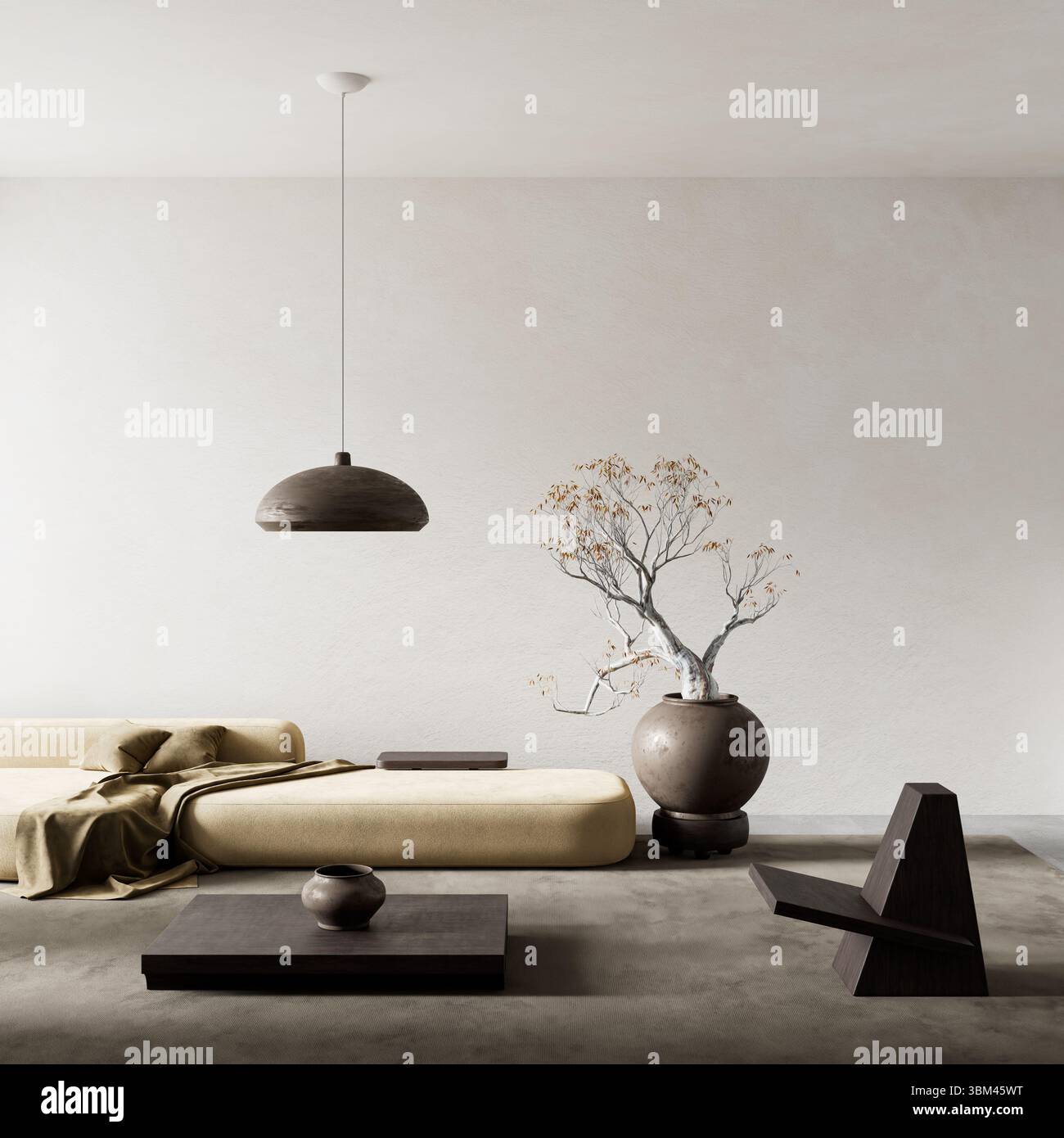 Un moderno soggiorno minimalista caratterizzato da toni neutri, un albero scultoreo di bonsai e mobili di basso profilo per un'estetica serena ed elegante. Illo 3D. Foto Stock