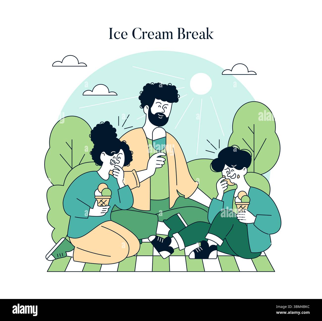 Illustrazione vettoriale Ice Cream per tutta la famiglia. Un papà e due bambini potranno gustare i coni di gelato in una giornata di sole nel parco, seduti su una coperta a scacchi. Illustrazione Vettoriale