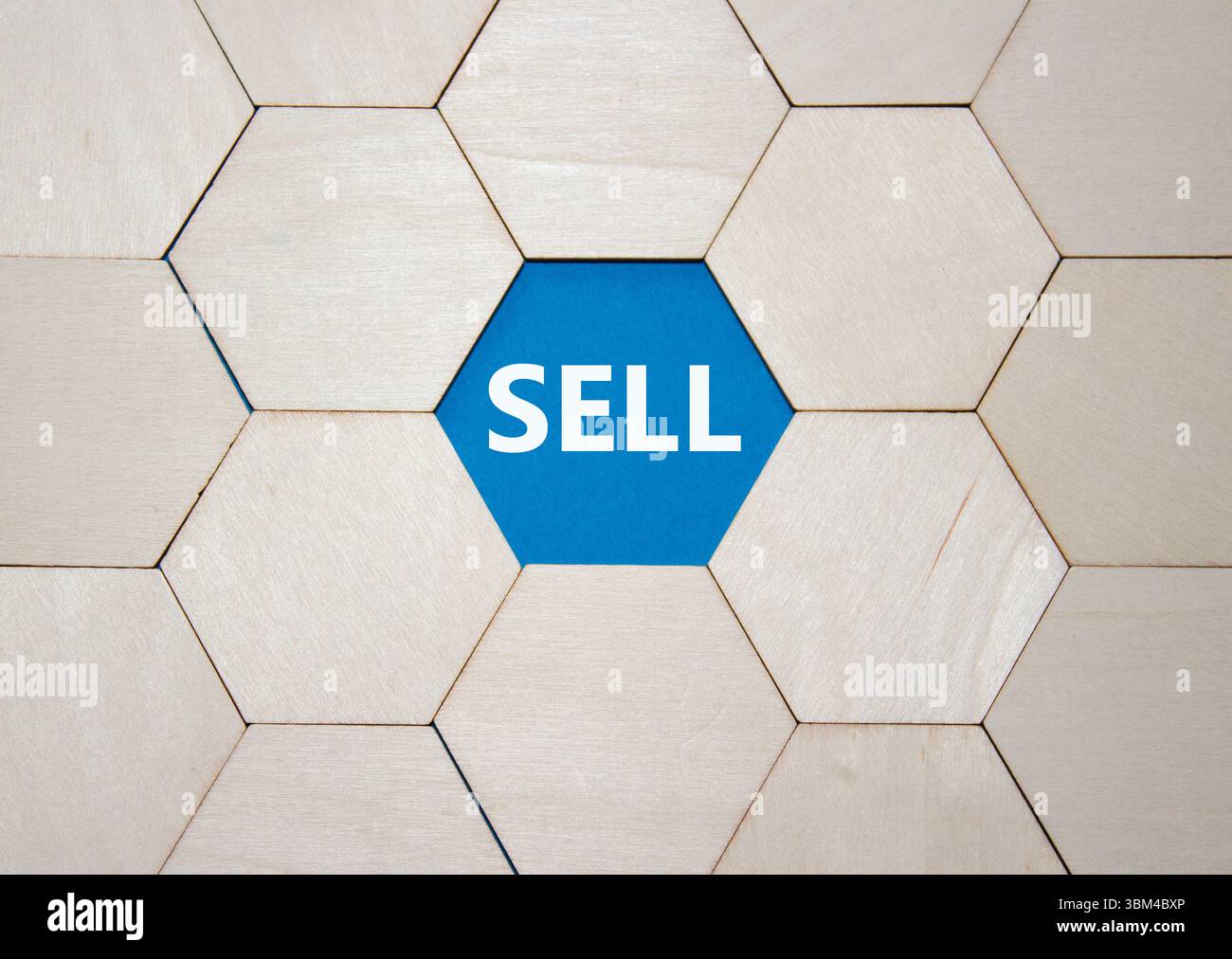 Simbolo di vendita. Concept Word sell su puzzle in legno. Bellissimo sfondo blu. Concetto di business e vendita. Copia spazio. Foto Stock
