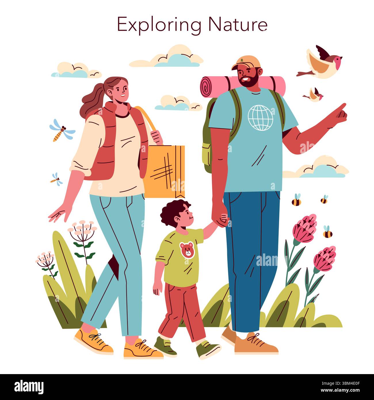 Una famiglia gioiosa è immersa nella natura meravigliosa, camminando insieme e legandosi in uno splendido ambiente all'aperto Illustrazione Vettoriale