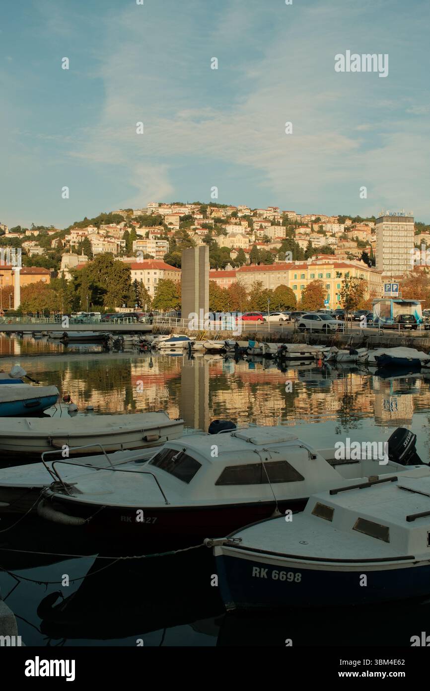Incorniciata da foglie autunnali, una tranquilla scena portuale si apre su file di barche ormeggiate sotto lo sguardo vigile di un alto monumento. Foto Stock