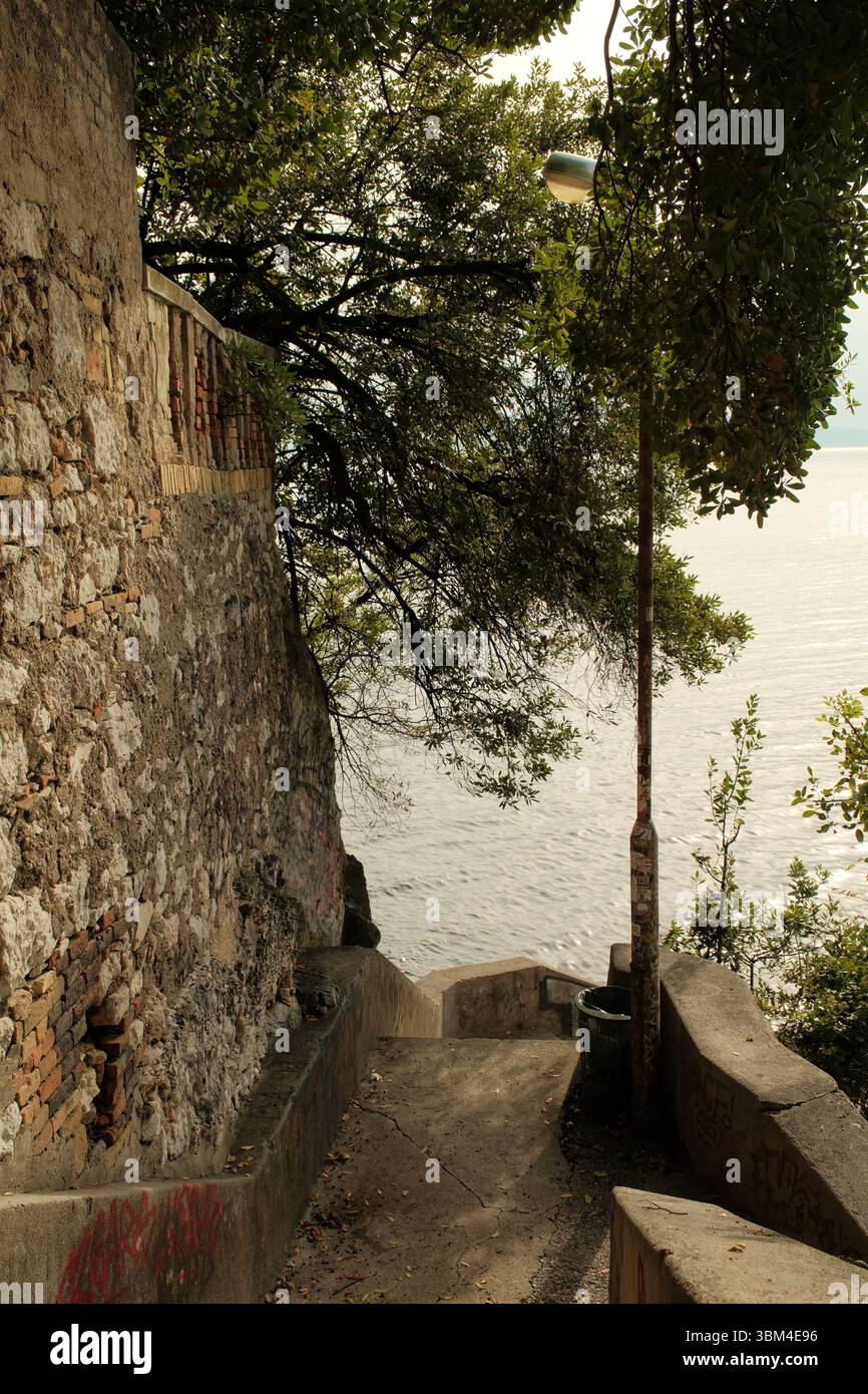Una scala stretta e antica si snoda verso l'Adriatico, fiancheggiata da un ruvido muro di pietra e rami frondosi che si appoggiano al sentiero. Foto Stock