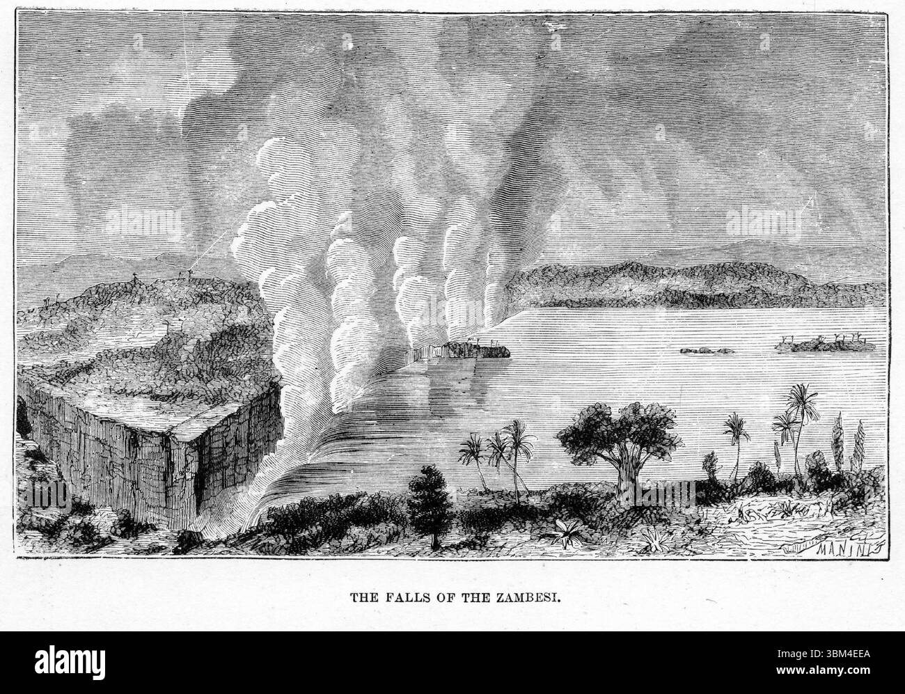 Incisione delle Cascate Vittoria sul fiume Zambesi, al confine tra Zambia e Zimbabwe, da meraviglie e bellezze della creazione, 1884 Foto Stock