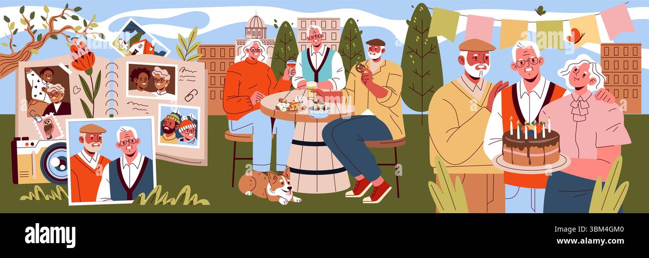 Illustrazione vettoriale di anziani che festeggiano un compleanno con una torta all'aperto. Espressioni felici, condivisione di cibo, bevande e foto creano un'atmosfera di allegria e gioia. Illustrazione Vettoriale