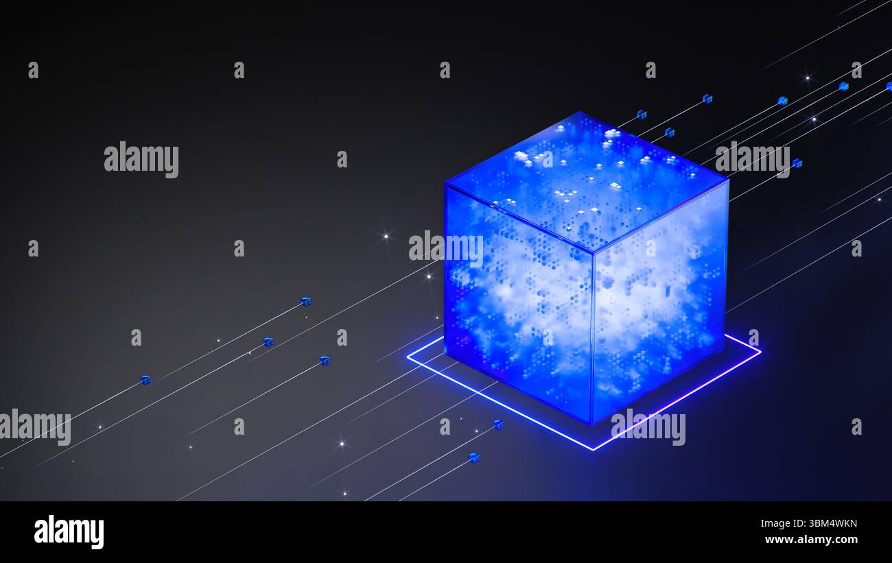 Concetto di blockchain. Blocchi cubo connessi alla criptovaluta. Background tecnologico della catena di intelligenza artificiale per i big data. Operazioni crittografiche per la trasmissione dei dati. illustrazione 3d. Foto Stock