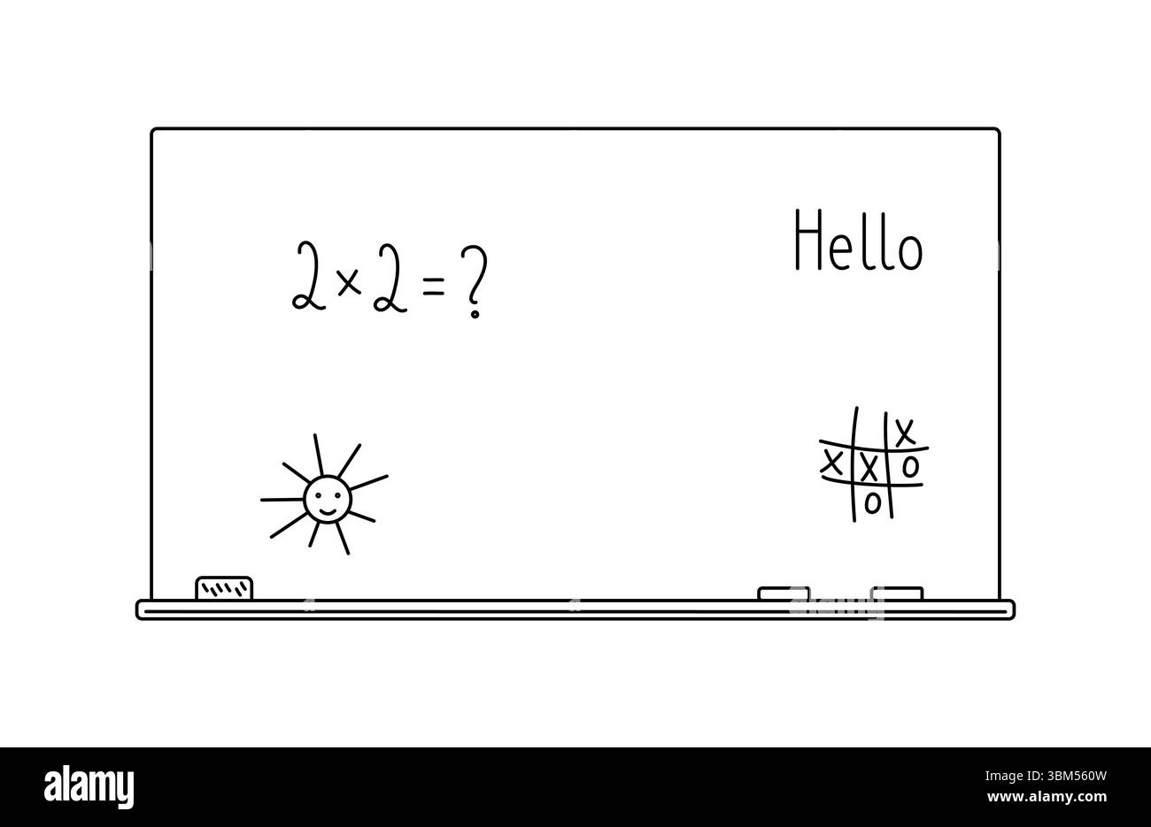 Lavagna scolastica con gesso, gomma e testo carino che imita la scrittura dei bambini, illustrazione del contorno disegnata a mano concetto di ritorno a scuola, lavagna classica Illustrazione Vettoriale