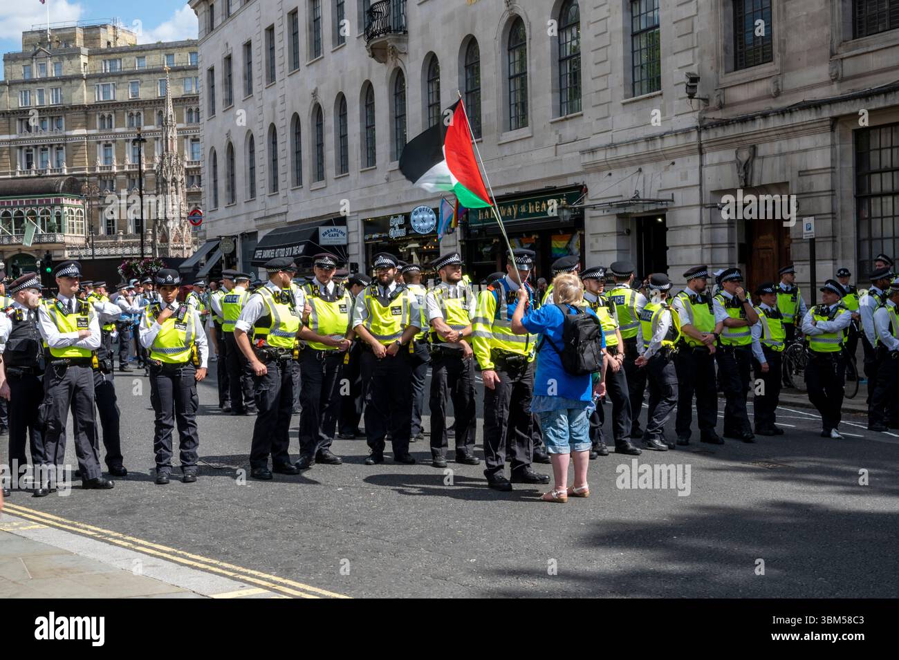 Una donna anziana che porta una bandiera palestinese che affronta le linee di polizia in uniforme. Protesta contro la proibizione dell'azione palestinese. Foto Stock