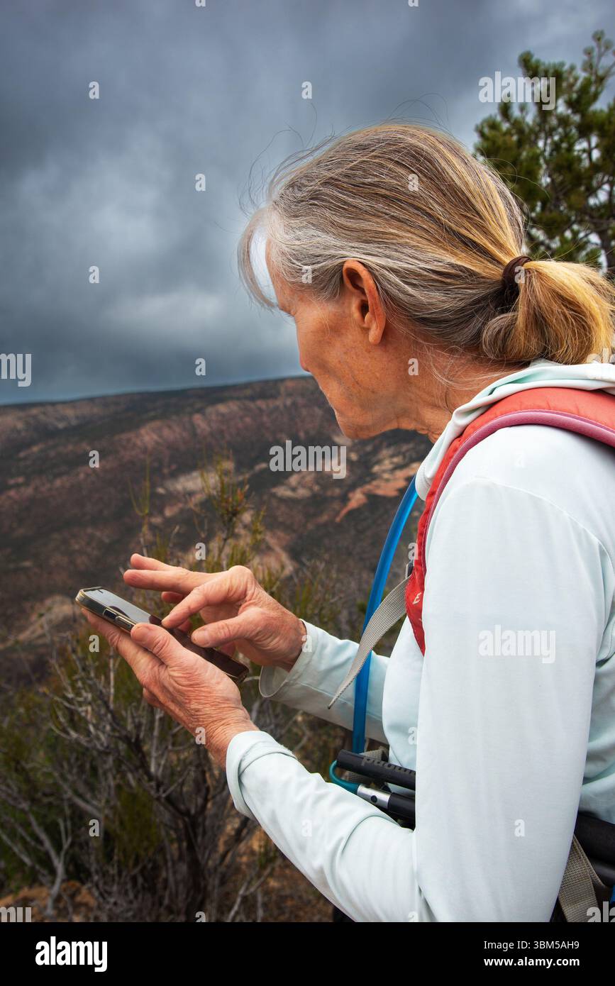 Donna adulta single che controlla la posizione GPS durante un'escursione a Peach Valley, Montrose, Colorado. Foto Stock