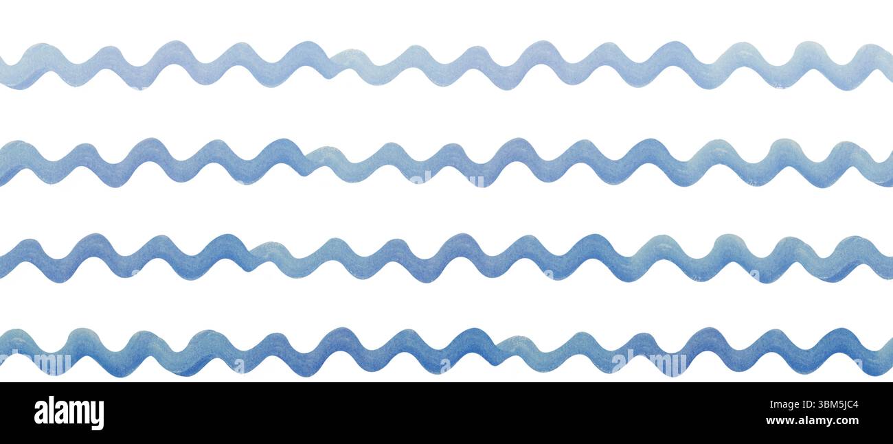 Linee ondulate di acquerello blu disposte in righe orizzontali su sfondo bianco. Elementi ondulati dipinti a mano, perfetti per il design a tema marino e decorativi Foto Stock