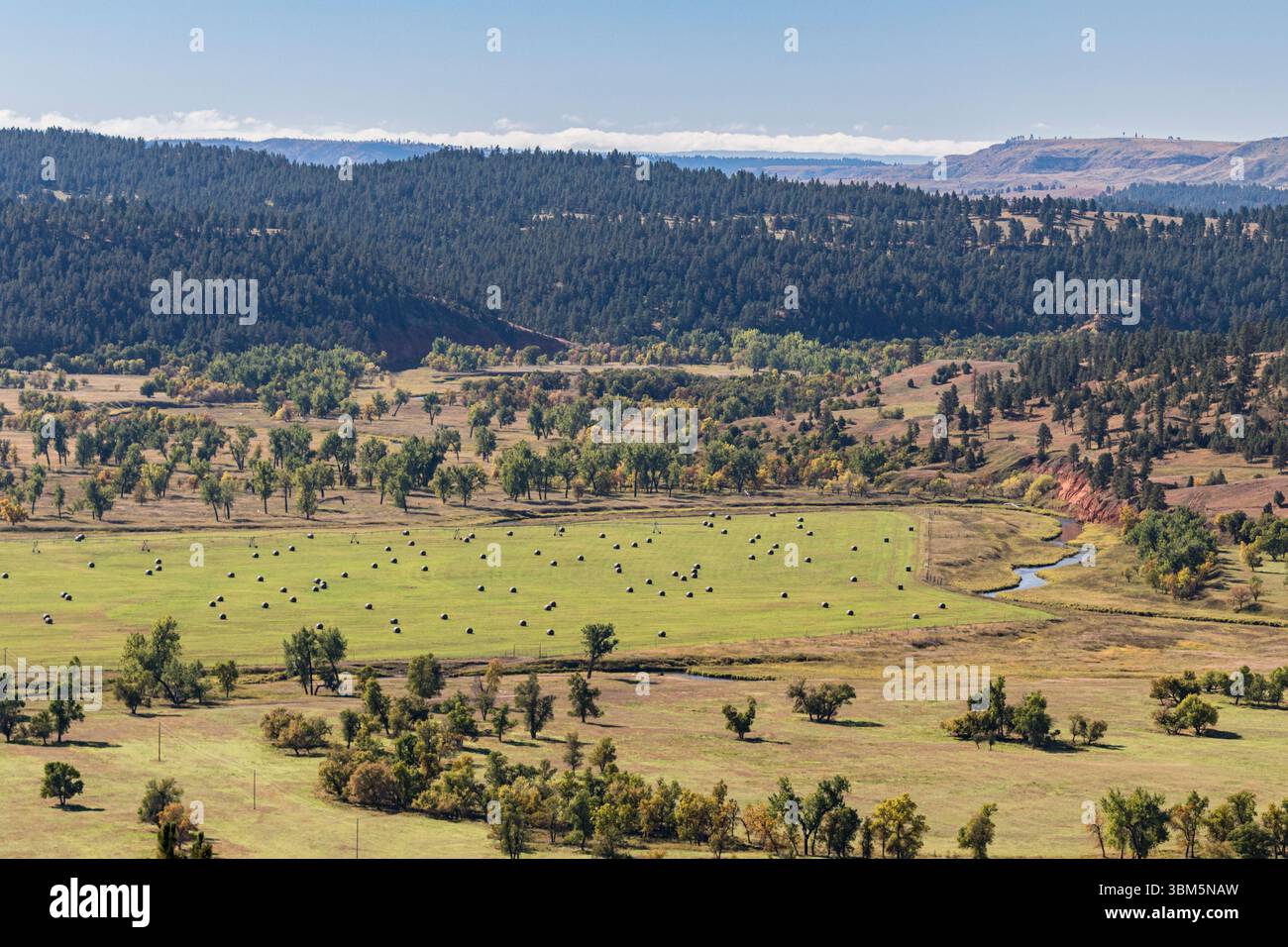 I terreni agricoli e i boschi del Wyoming circondano il devil's Tower National Monument. Foto Stock