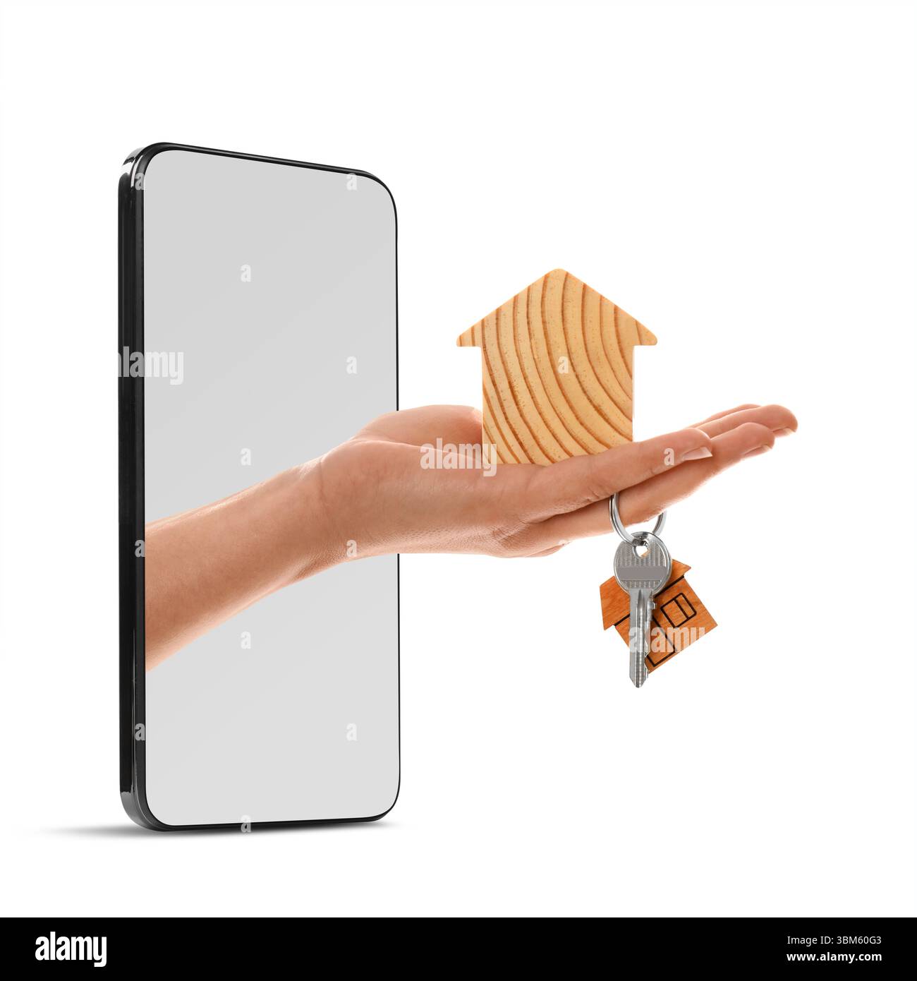 Servizi immobiliari online. Mano di donna con figura e chiave che escono dallo smartphone su sfondo bianco Foto Stock