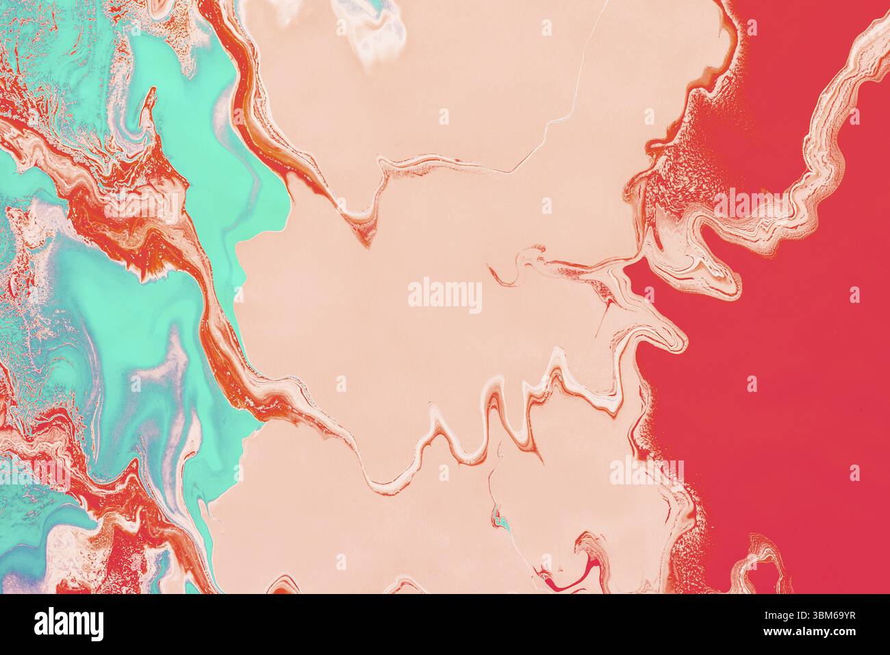 Liquido acrilico art. Onde rosse color rosa pastello e ricci turchesi. Sfondo o texture pastello astratti Foto Stock