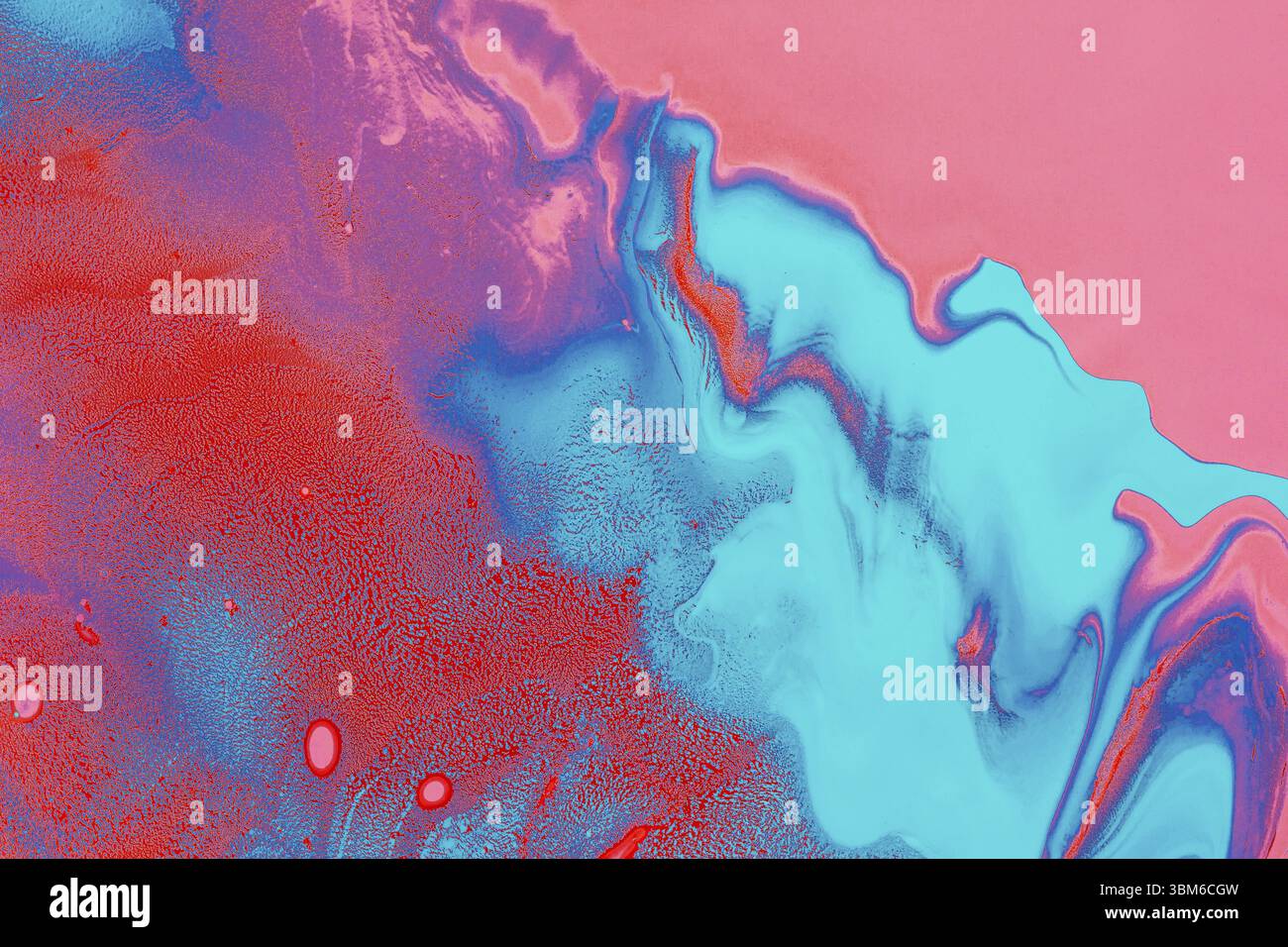 Liquido acrilico art. Onde rosse e ricci blu accesi. Sfondo o texture al neon astratti Foto Stock