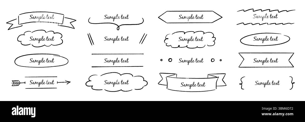 Set di banner per titoli per cornici disegnate a mano. Striscione disegnato a mano, elementi di forma per appunti per etichette con linee a nastro. Titolo della casella di testo tratto da un pennarello dal design accattivante, decorazione del titolo. Illustrazione vettoriale Illustrazione Vettoriale