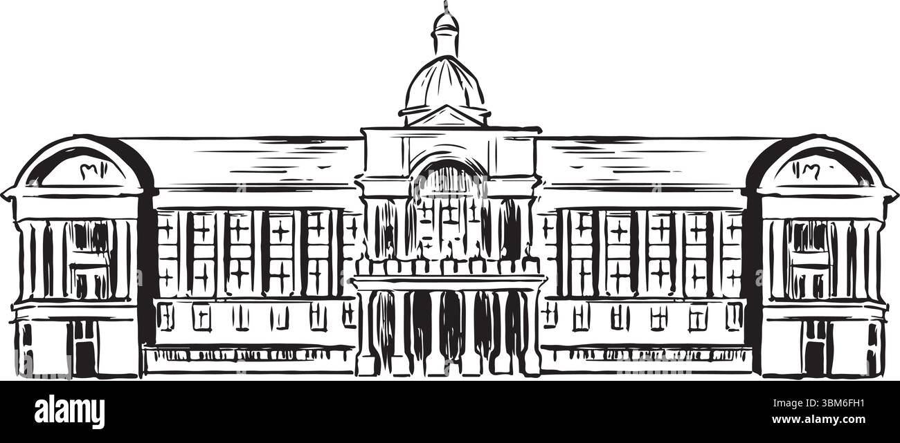 Birmingham Council House, Inghilterra, bozzetto a inchiostro bianco e nero. Architettura barocca vittoriana, intricate incisioni, grandi archi, cupola centrale. Illustrazione Vettoriale